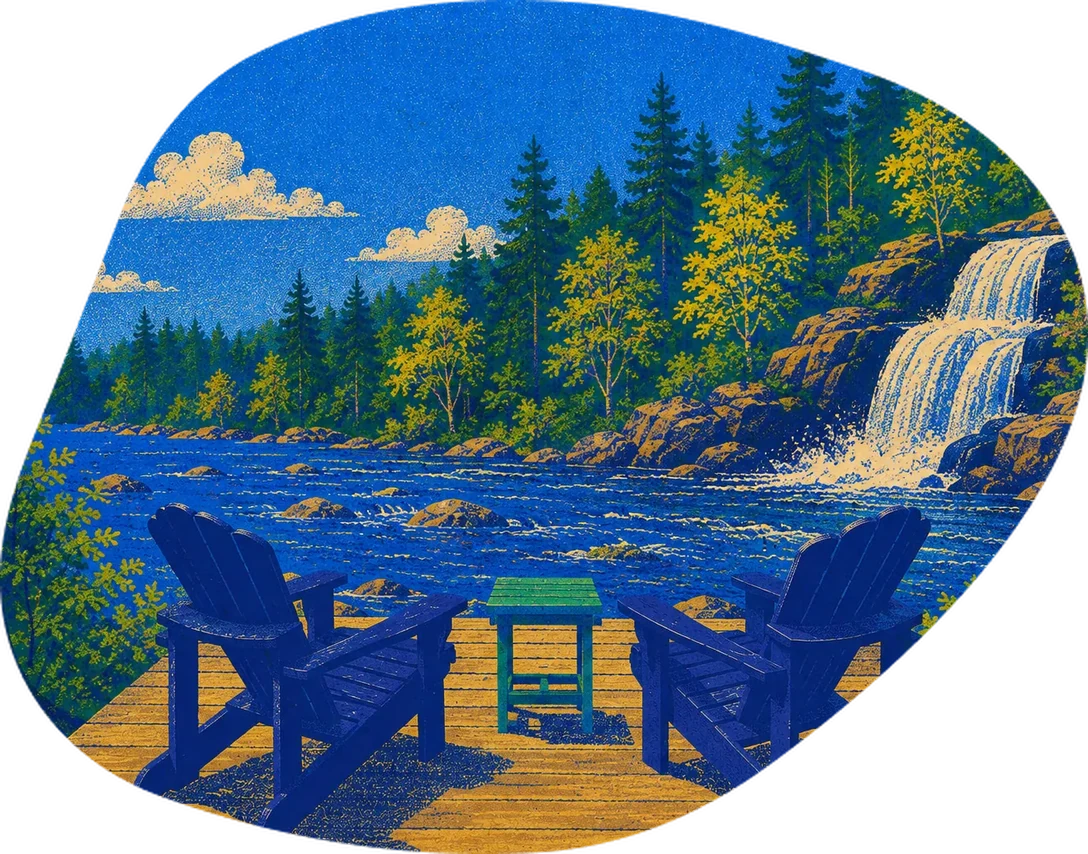 Illustration of two Adirondack chairs on a deck overlooking the river and waterfall at the Wakefield Mill