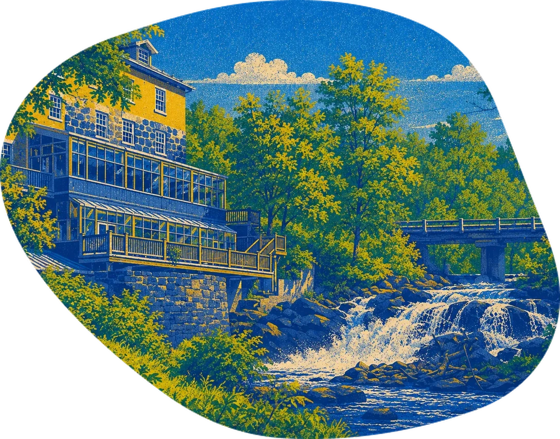Illustration of the Wakefield Mill, bridge and waterfall in daylight