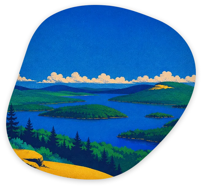 Illustrated view of a lake and forest from a rocky outcrop