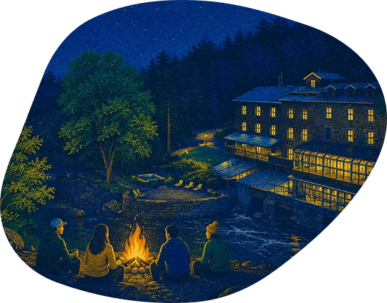 Illustration of a campfire glowing beneath a night sky beside the Wakefield Mill