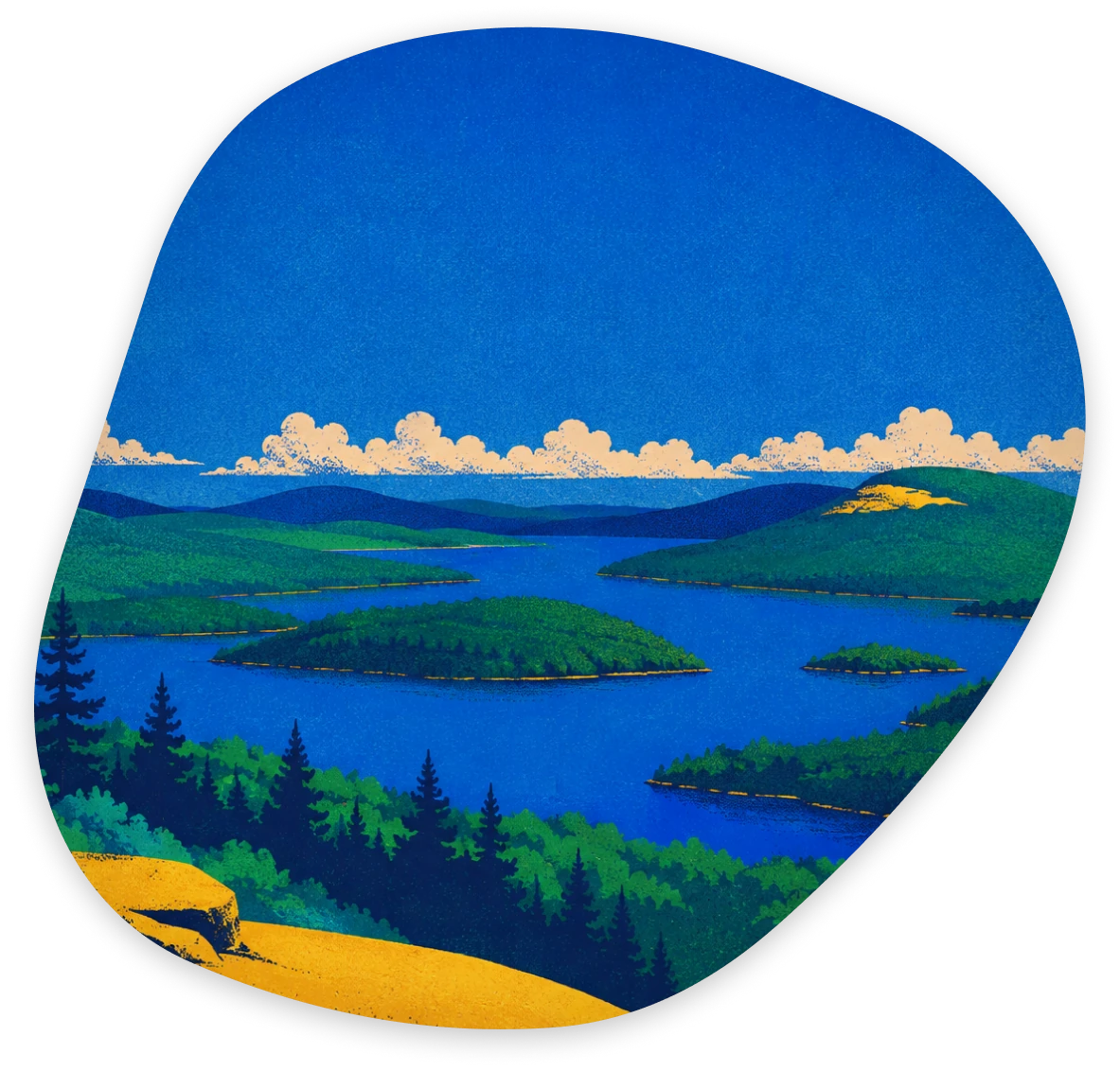 Illustration of a wide blue lake dotted with forested islands, viewed from a golden rocky ledge under a partly cloudy sky